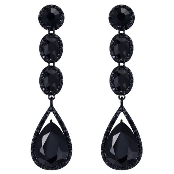 Carbon Black with Black Onyx Crystal Teardrop Halo Chandelier Post Back Earrings - Picture 1 of 6